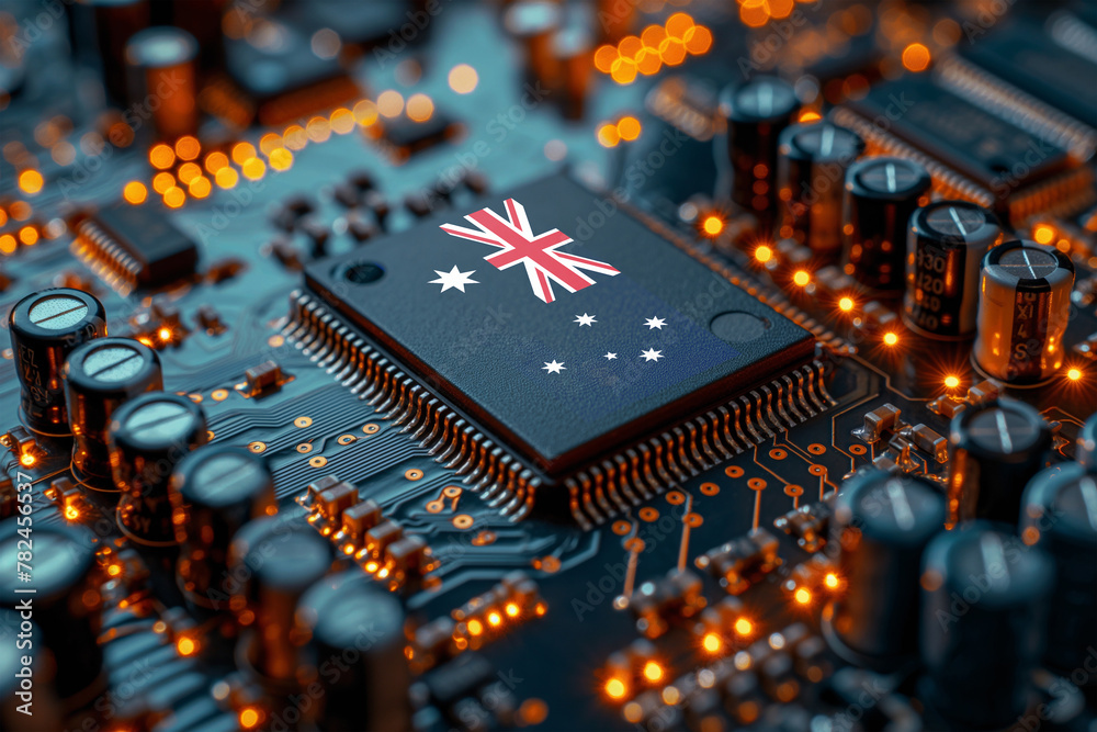 Poster close up of circuit board with flag
