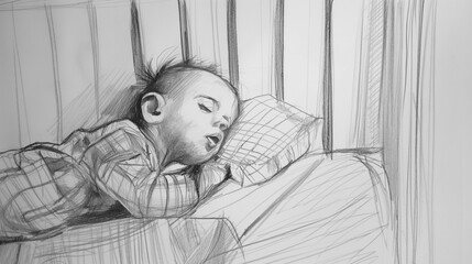 Esboço de um bebe em seu berço - Desenho - obrazy, fototapety, plakaty
