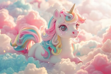 A toy unicorn sitting in a cloud filled sky.