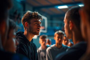 Intense Team Huddle at Dusk on Basketball Court
