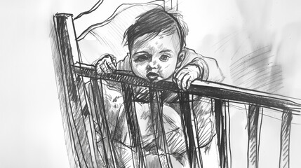 Esboço de um bebe em seu berço - Desenho - obrazy, fototapety, plakaty