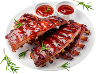 BBQ pork ribs on a white plate with rosemary and sauce, isolated. Barbecue ribs served with dipping sauce and fresh herbs, transparent background. Plated tender ribs in BBQ glaze and aromatic rosemary