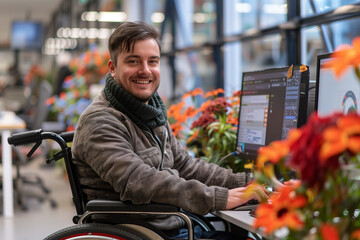Man in Wheelchair Using Computer - obrazy, fototapety, plakaty