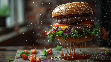   A hamburger topped with lettuce, bacon, tomato, and more lettuce is being flipped in mid-air - obrazy, fototapety, plakaty