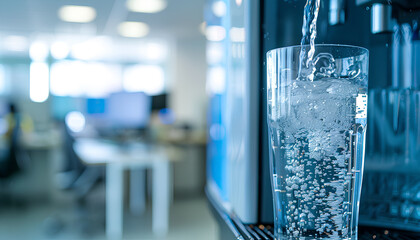 water flows into a transparent glass from a cooler on a blurred office background