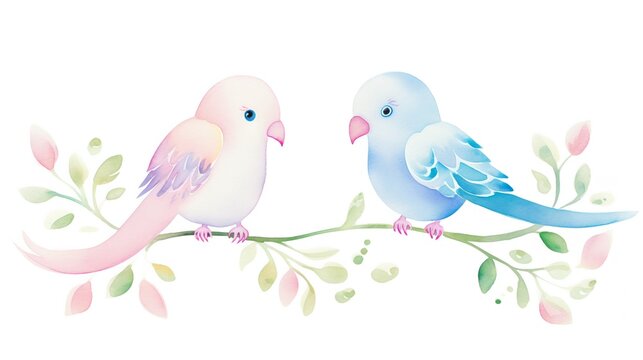 Lovebirds Perch, Pair of lovebirds, soft blues & pinks, cartoon drawing, water color style.