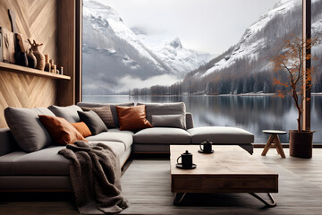 Sofa against a large window overlooking the lake and the mountain. Modern living room design with...