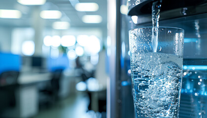 water flows into a transparent glass from a cooler on a blurred office background