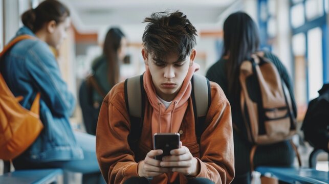 Teenager Upset by Smartphone with Friends in Background