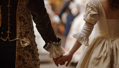 gentleman and the lady in 18th century outfits walk hand in hand towards blurry couples dancing a waltz, view from the back