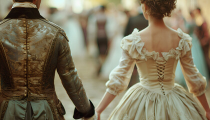 gentleman and the lady in 18th century outfits walk hand in hand towards blurry couples dancing a waltz, view from the back