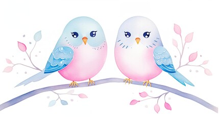 Lovebirds Perch, Pair of lovebirds, soft blues & pinks, cartoon drawing, water color style.