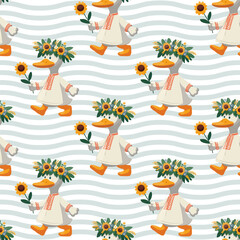 Pattern cute goose in a wreath of flowers, embroidery, shirt, goes, in kawaii style, vector illustration