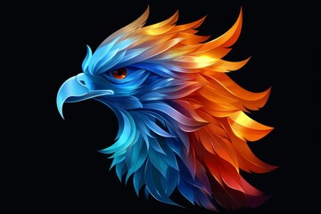 A colorful bird of prey on a black background. A magical creature made of fire. - 782457317