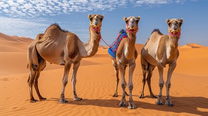  Three camels stand in a desert's midst, surrounded by a blue sky dotted with scattered clouds