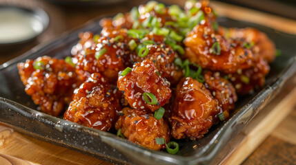 Boneless chicken bites tossed in a flavorful sauce, perfect for dipping and sharing.