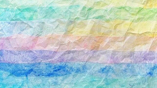Watercolor rainbow gradient on crinkled paper texture. Multicolored striped background with artistic design concept.