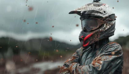 Abwaschbare Fototapete Motocross racer wearing dirty gear © Александр Марченко