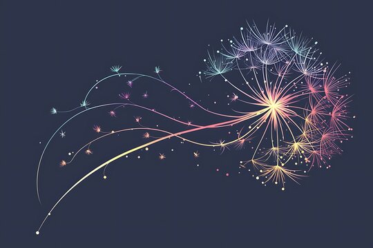 minimalistic magic dandelion silhouette, digital drawning with one thin colored line isolated on a dark black background, illustration wallpaper