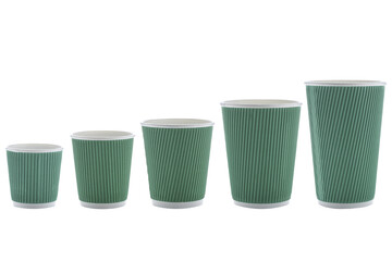 Paper cups for drinks. Green Paper cup isolated on white background. Disposable cup.