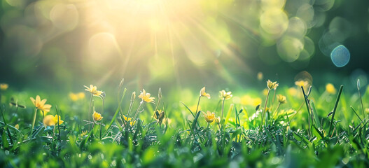 Freshness of Early Spring: Dewdrops and Sunbeams - obrazy, fototapety, plakaty