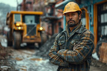 A man in a hard hat stands with crossed arms on a construction site