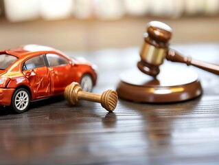 A car accident lawsuit and insurance are depicted, with a judge's hammer alongside a car model. 