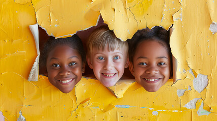 Cheerful children peering out from behind a yellow solid background with copy space - obrazy, fototapety, plakaty