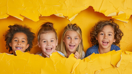Cheerful children peering out from behind a yellow solid background with copy space