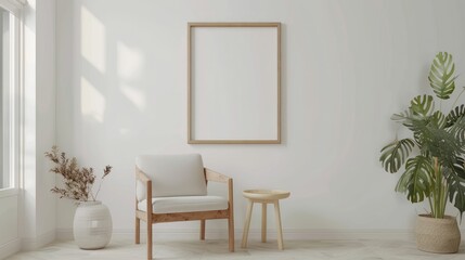 Blank a4 wood frame mockup interior background, circular motion, 3d rendering. Vertical painting plaque mockup. Clear table border with canvas panel template