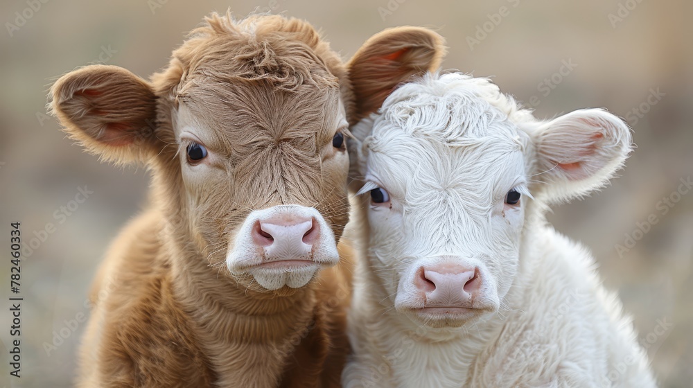 Wall mural two cows - one brown, one white - stand side by side atop a verdant field, gazing at the camera