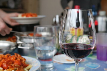 Glass of wine on a table during dinner 