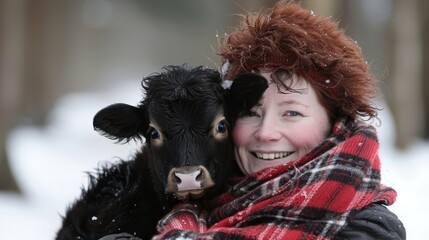  A woman in a red and black scarf holds a black-and-white cow in a snowy landscape with trees in the background