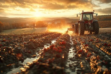 A tractor is plowing a muddy field under a sunset sky