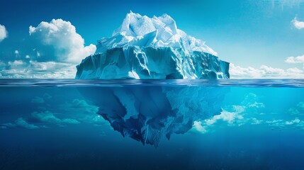 A large iceberg, likely from Antarctica, floats in the vast ocean waters. The iceberg is a striking contrast of white ice against the deep blue of the ocean.