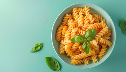 Bowl of tasty Italian pasta with cheese on green background