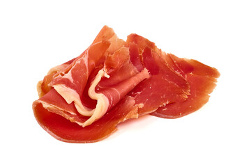 Dry Spanish ham, Jamon Serrano, Bellota, Italian Prosciutto Crudo or Parma ham, isolated on white background