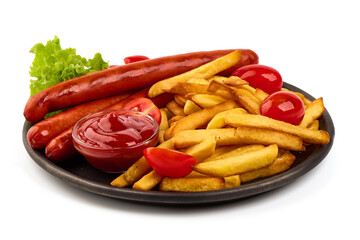 Grilled sausage with french potatoes, isolated on white background
