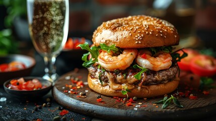   A hamburger with shrimp, lettuce, and tomato on a wooden cutting board Nearby, a glass of champagne waits
