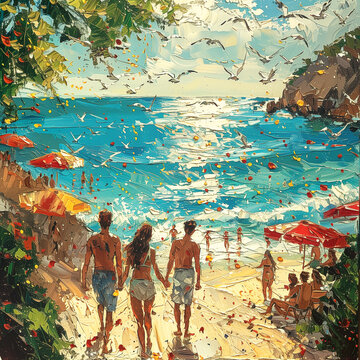 Happy swimmers at the beach, summer holiday sunbathing, swimming and relaxing under the beach umbrella , oil painted illustration