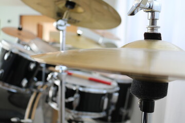 Drums close up, focus on hi-hat cymbal 
