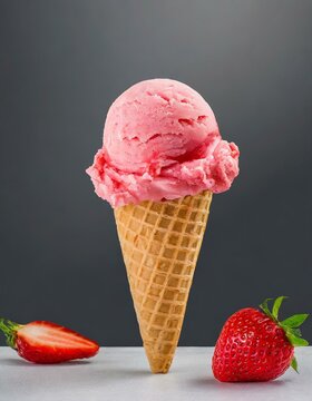 Erdbeeren Eis auf Eist&uuml;te - Erdbeereis mit Stanitzel und Erdbeeren als Dekoration - grauer Hintergrund - Eist&uuml;te passt perfekt f&uuml;r Kugel Eis