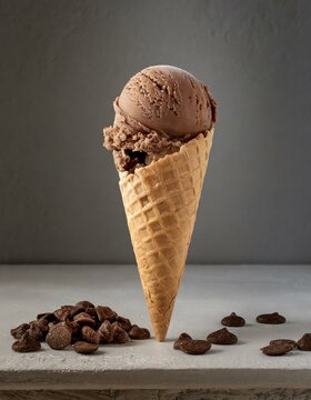 Schokoladen Eis auf Eist&uuml;te - Schokoeis mit Stanitzel und Schokolade als Dekoration - grauer Hintergrund - Eist&uuml;te passt perfekt f&uuml;r Kugel Eis
