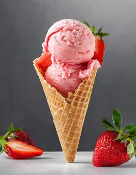 Erdbeeren Eis auf Eist&uuml;te - Erdbeereis mit Stanitzel und Erdbeeren als Dekoration - grauer Hintergrund - Eist&uuml;te passt perfekt f&uuml;r Kugel Eis