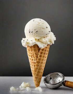 Stracciatella Eis in einer Eist&uuml;te - wei&szlig;es Eis in einer T&uuml;te - dunkler Hintergrund