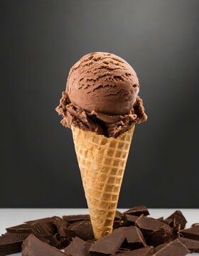 Schokoladen Eis auf Eist&uuml;te - Schokoeis mit Stanitzel und Schokolade als Dekoration - grauer Hintergrund