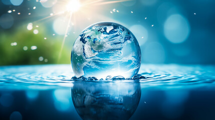 Earth globe floats on crystal clear water ripples. Earth Map courtesy of NASA
