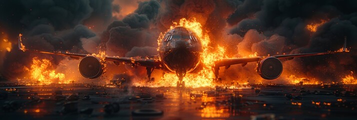 Artwork depicting a plane crash concept with a burning passenger plane on the airstrip