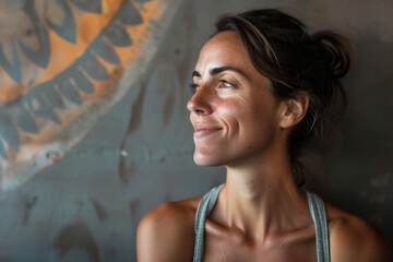 Ritratto di donna insegnante di yoga di profilo sorridente dopo la lezione - obrazy, fototapety, plakaty