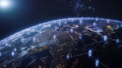 Internet social network icons. Map of Earth is brightly lit up by a network of lights emanating from various locations across the globe. The mesmerizing view showcases the urban areas and connectivity